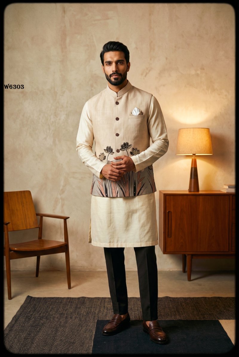 Cream Outluk Wedding Vol 63 Linen Modi Jacket Collection W6303.